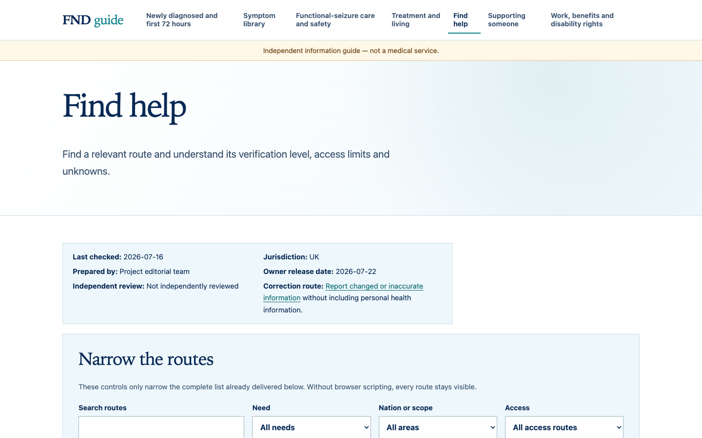 Live FND Guide help directory with search and filters for need, nation and access route.