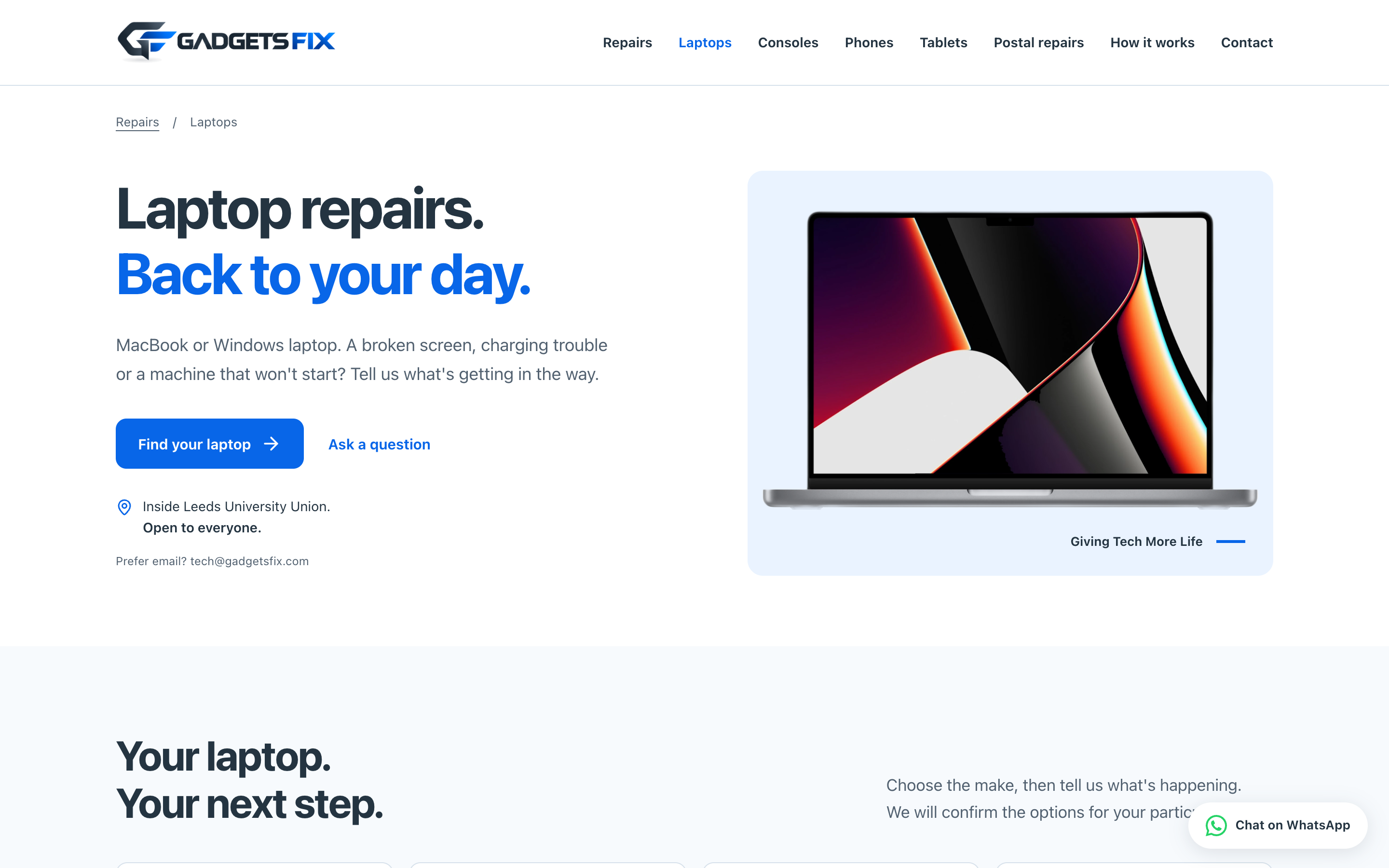 Live GadgetsFix laptop repair page with a MacBook image, device-specific guidance and enquiry actions.