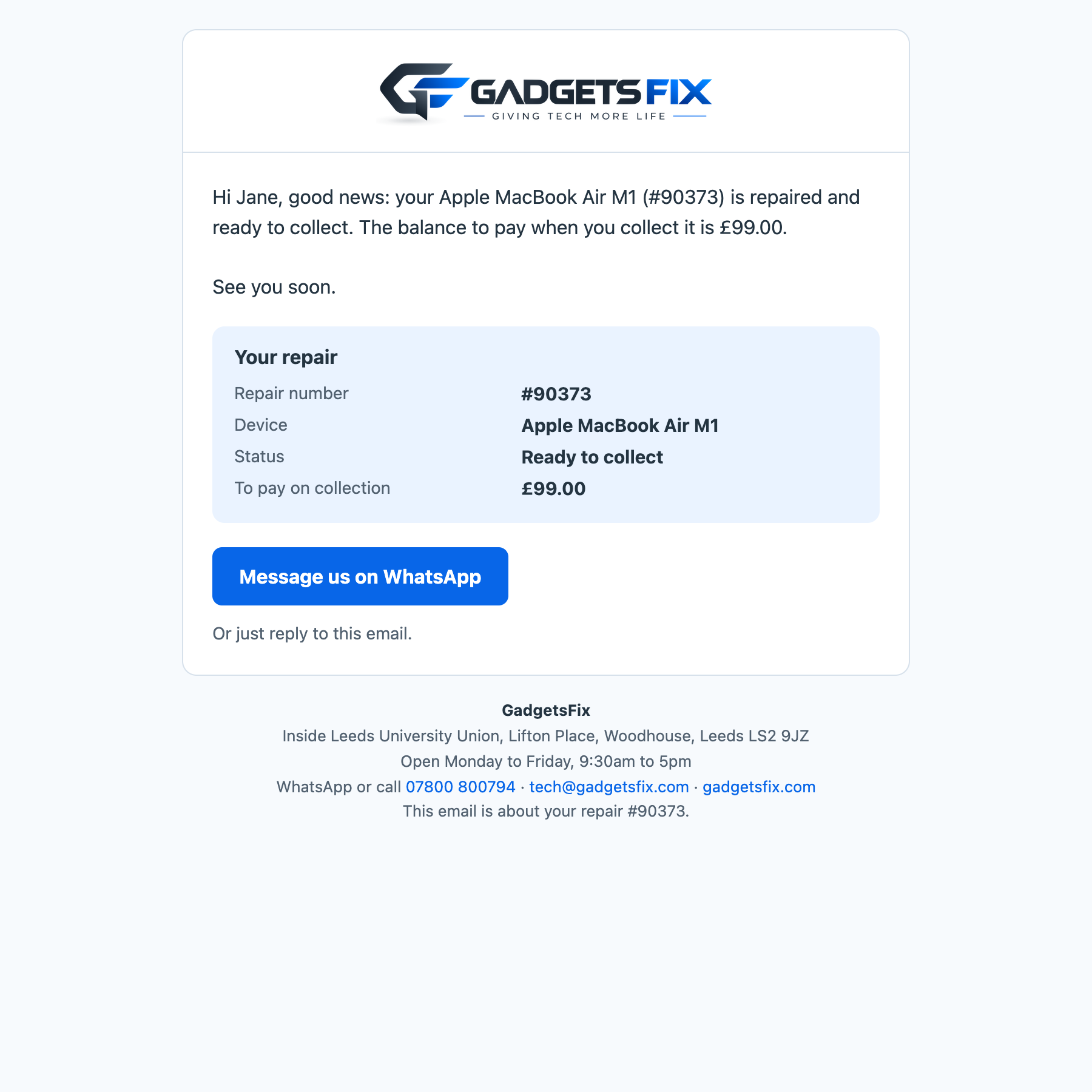 Branded GadgetsFix collection-ready email with a fictional MacBook repair, clear balance and contact action.