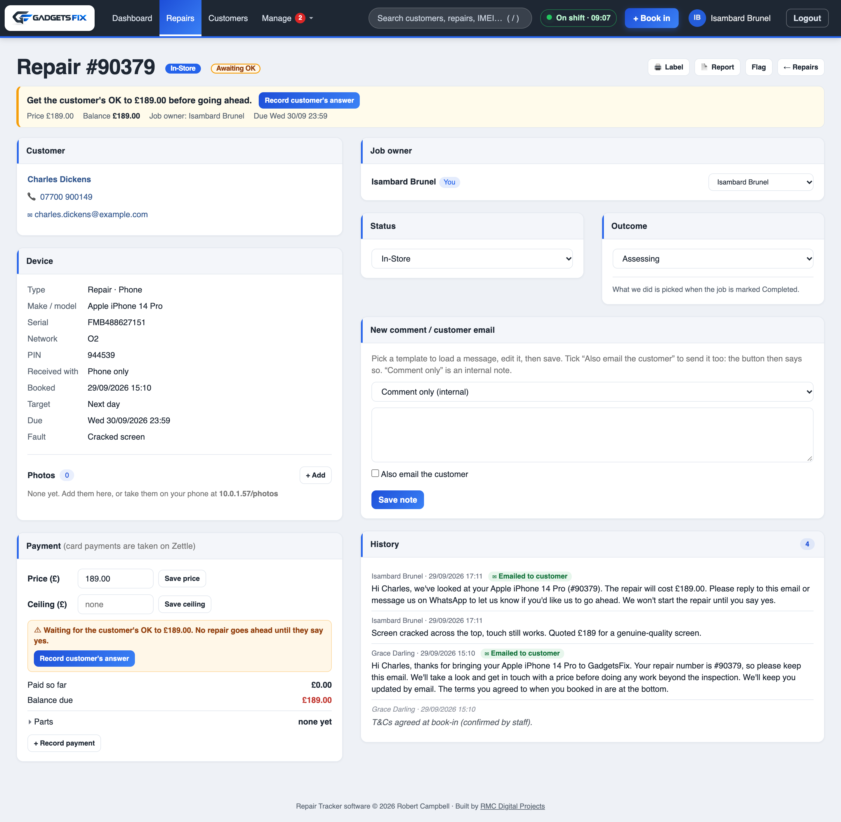 Full GadgetsFix repair workspace showing a fictional repair awaiting customer approval, its quote, next action and recorded history.