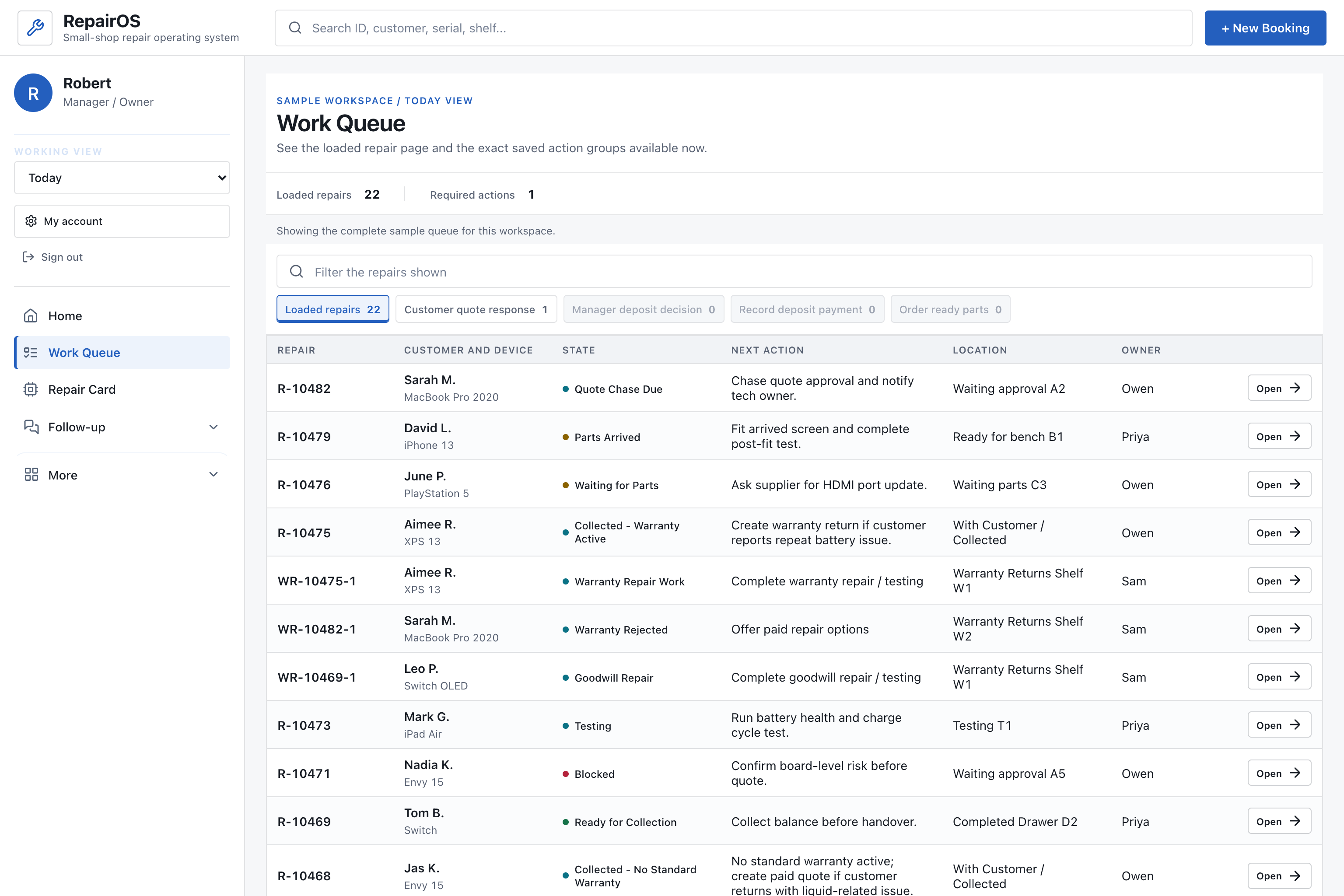 RepairOS Work Queue showing filters, action groups and fictional sample repair records.