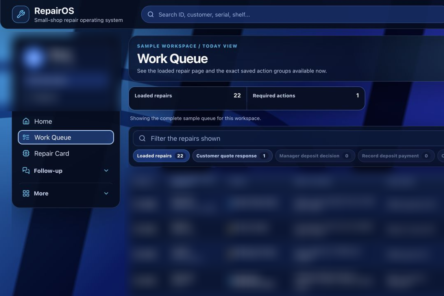 RepairOS Work Queue showing filters and action groups, with fictional sample repair records redacted.