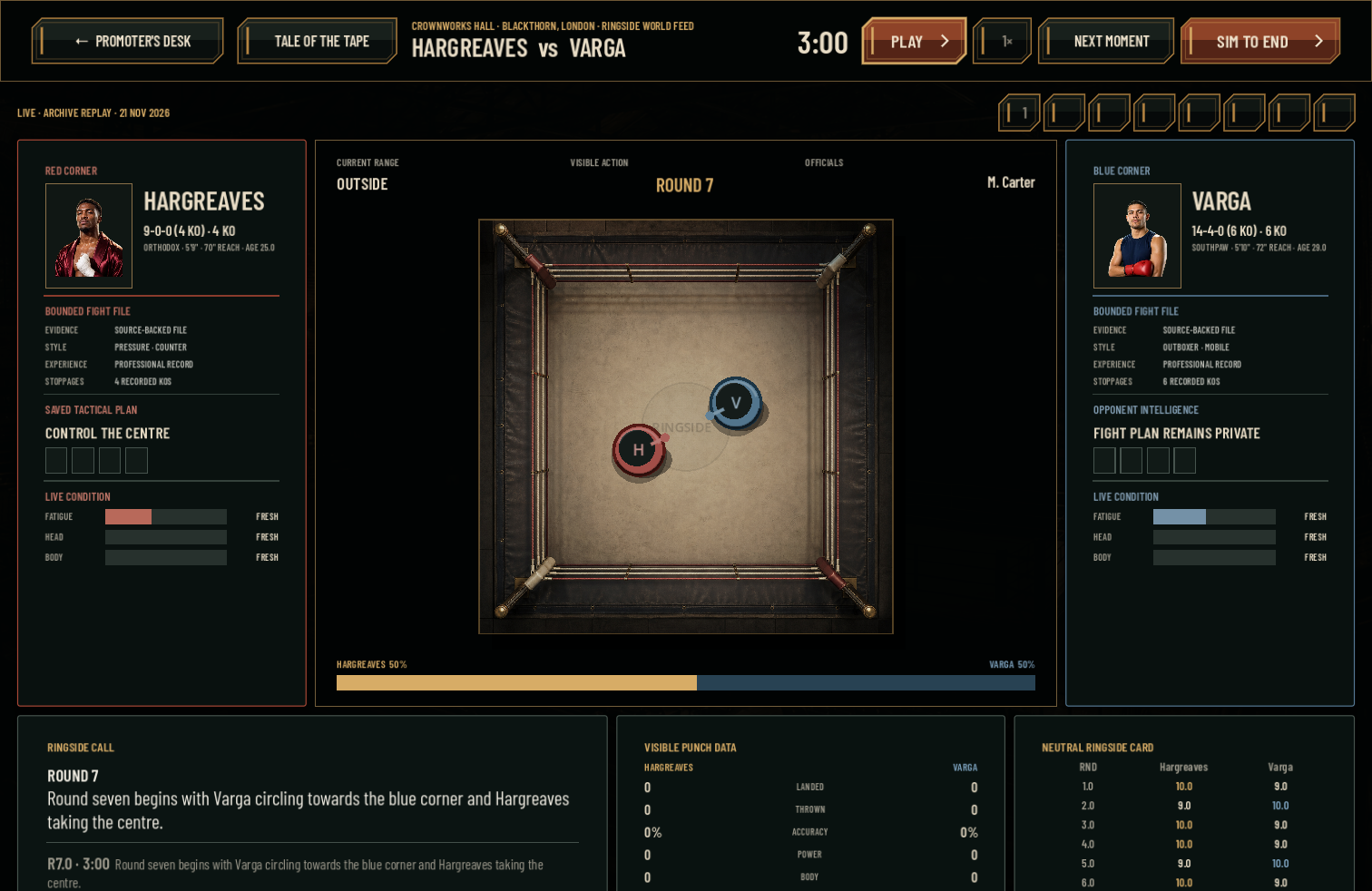RINGSIDE's current Godot Fight Night broadcast showing the ring, live commentary, scoring and corner information.