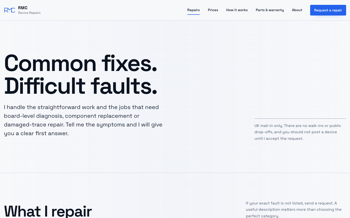 Live repairs page explaining common fixes, difficult faults and the UK mail-in boundary.